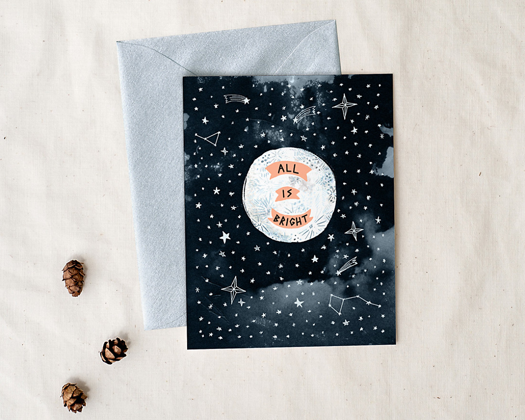 All is bright illustrated holiday greeting card with envelope