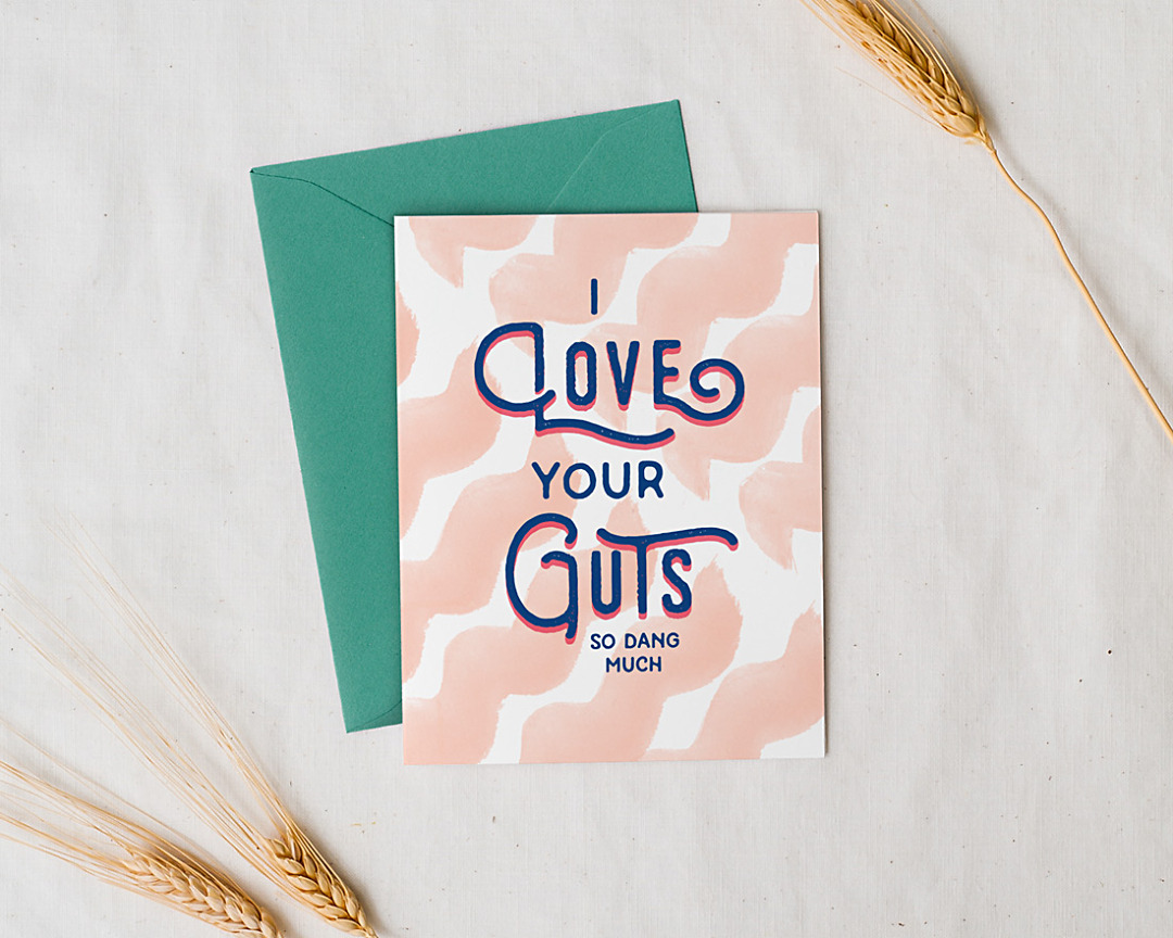 quirky i love your guts so dang much handlettered illustrated card styled with wheat