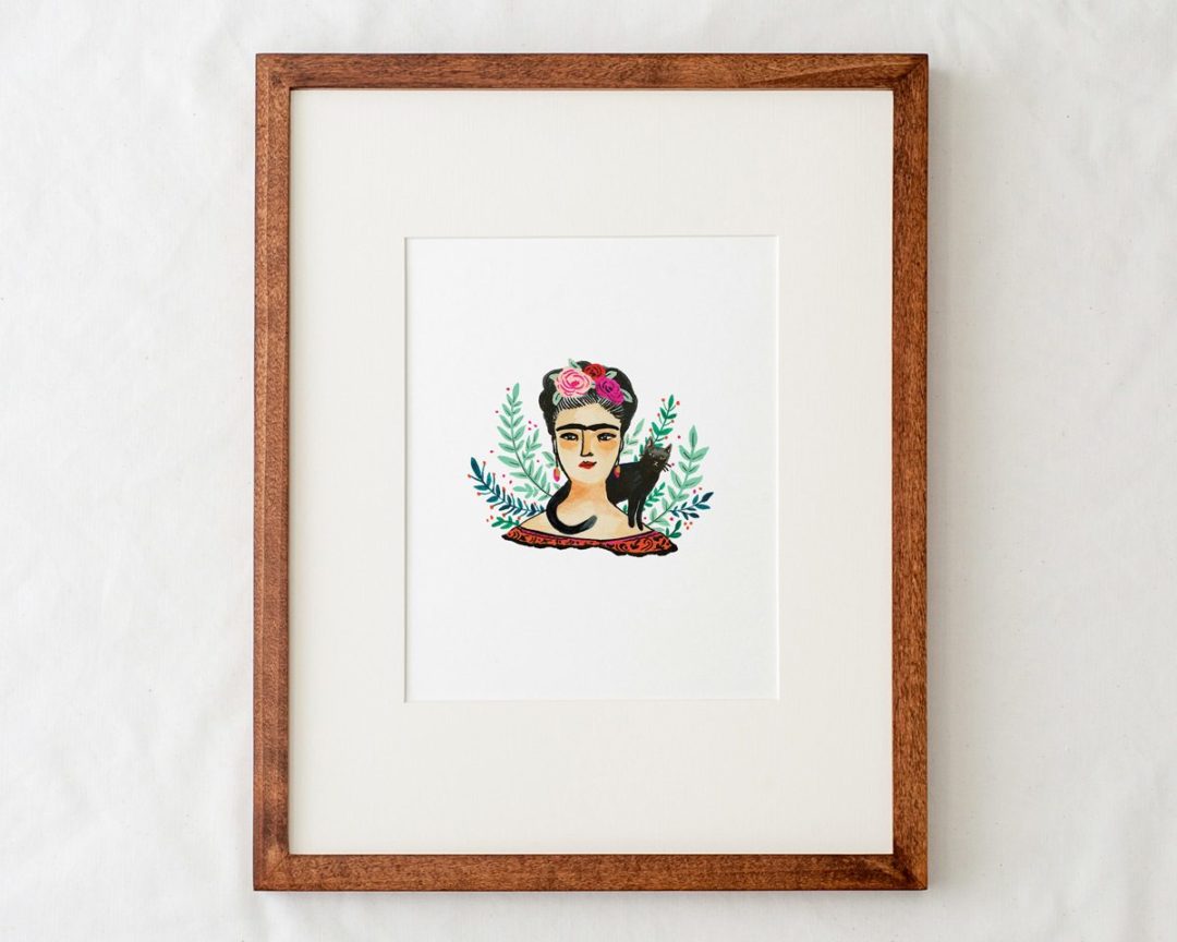 8x10 frida kahlo art print illustration in natural wood frame