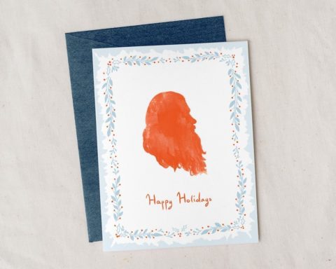 illustrated Happy Holidays Santa card with metallic envelope