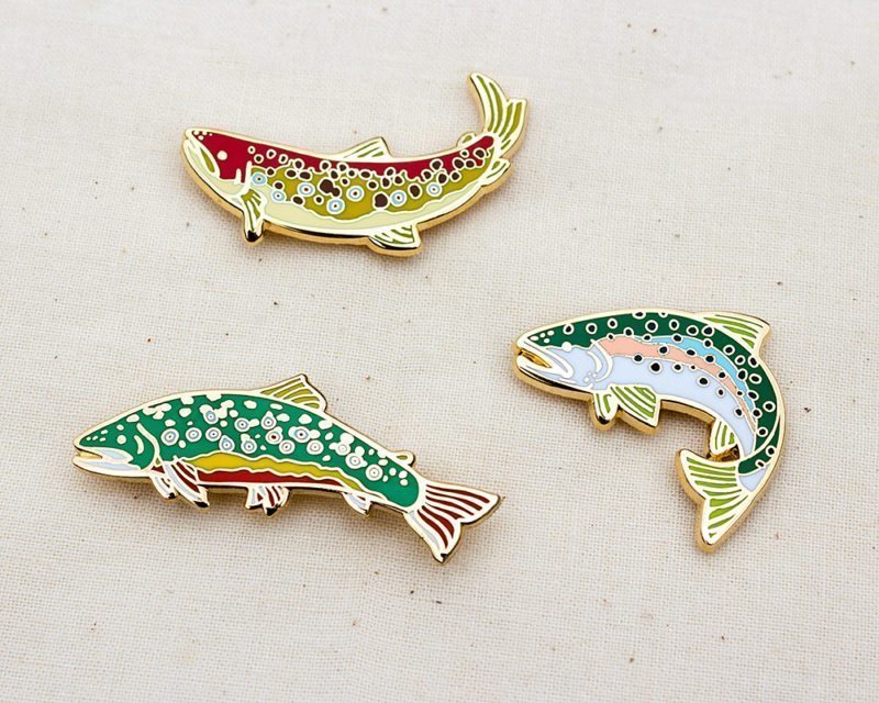 Trout Tench & Salmon Freshwater Game Fish Angling Pin Angler Enamel Badges NEW 