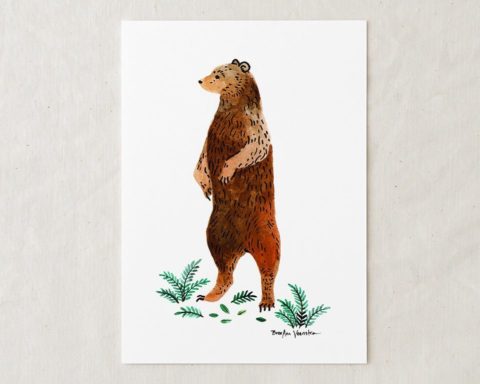 a 5x7 nursery watercolor art painting print of a brown grizzly bear standing up with green foliage at its feet