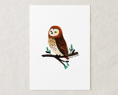 a 5x7 nursery watercolor art painting print of cute and happy little brown owl sitting on a branch with leaves