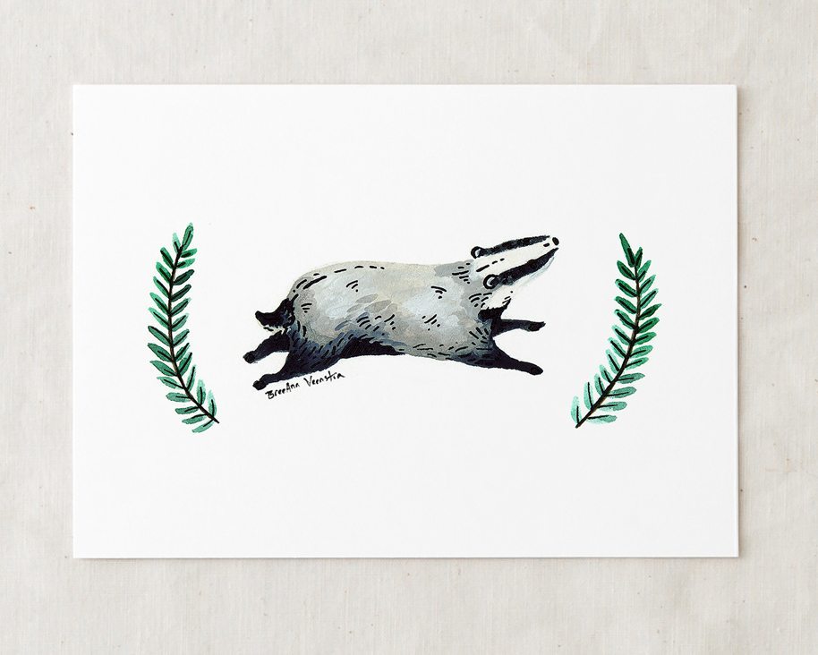 a 5x7 nursery watercolor art painting print of a happy badger running with two sprigs of greenery on either side
