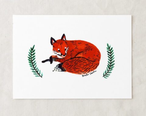 a 5x7 nursery watercolor art painting print of a sleepy red fox with sprigs of greenery on either side