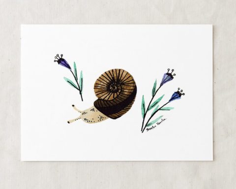 a 5x7 nursery watercolor art painting print of a brown and black striped garden snail surrounded by purple flowers