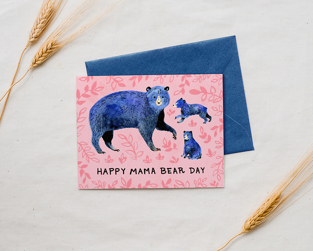 Mother's Day card with illustration of blue mom bear and two bear cubs with the words happy mama bear day