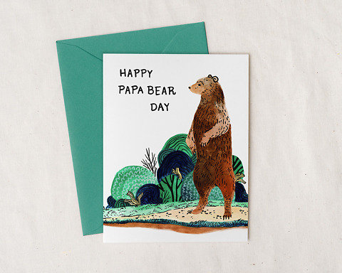 Father's Day card with illustration of a brown bear standing up and the words happy papa bear day
