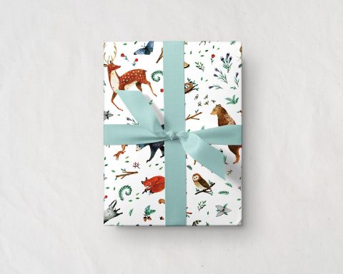 gift with a blue ribbon wrapped up in Wildship Studio gift wrapping paper with woodland deer, bears, raccoons, butterflies, foxes, and other animals and flowers