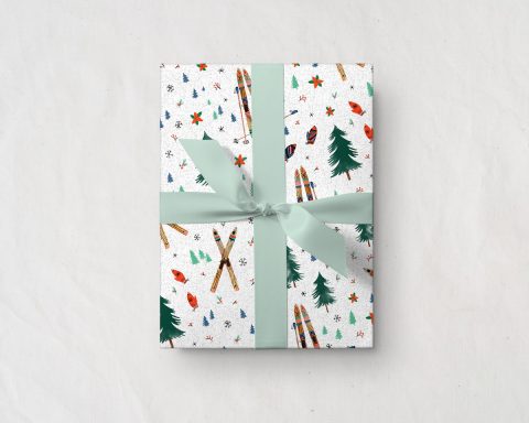 present tied with a green ribbon wrapped up in Wildship Studio holiday gift wrapping paper with vintage wooden skis, pine trees, snowflakes, poinsettia, and mistletoe