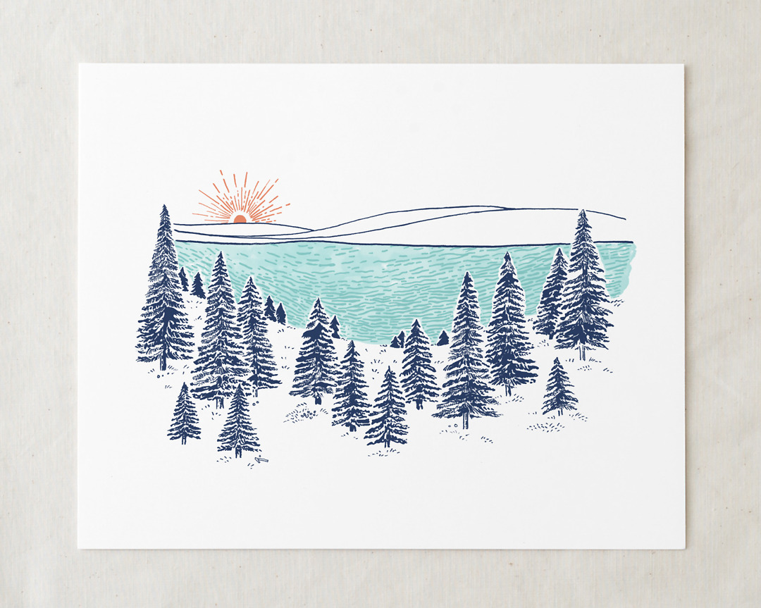 lakeshore art print with pine trees illustration