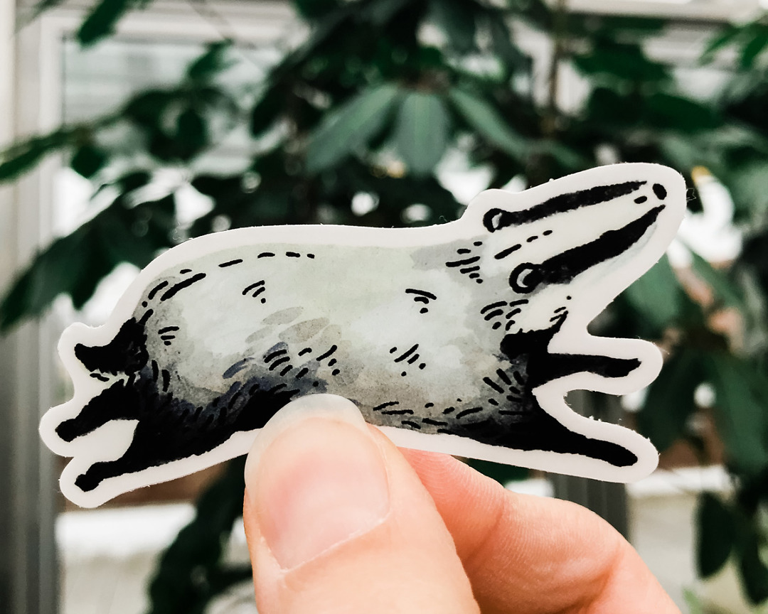 cute badger vinyl animal sticker art by wildship studio held against plants