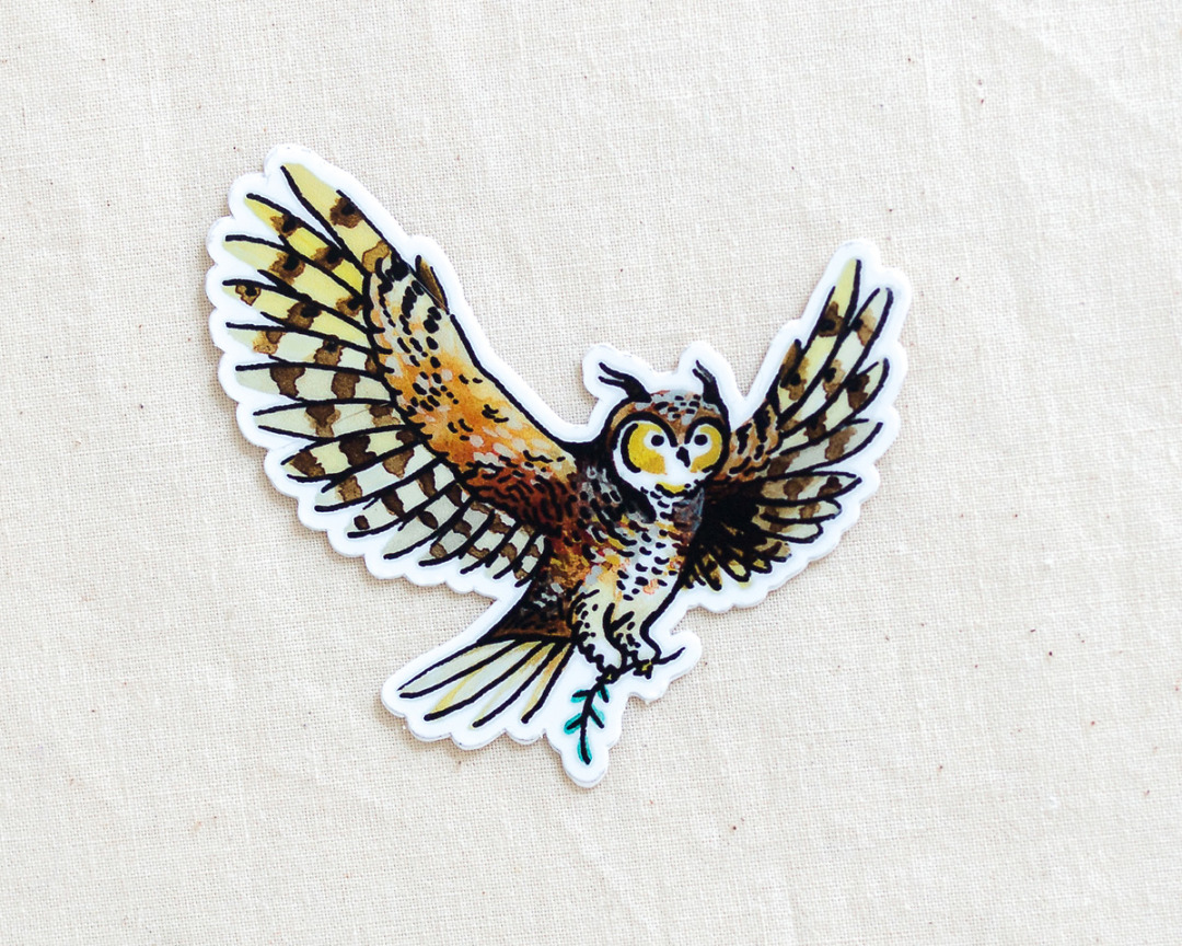 cute owl vinyl animal sticker by wildship studio