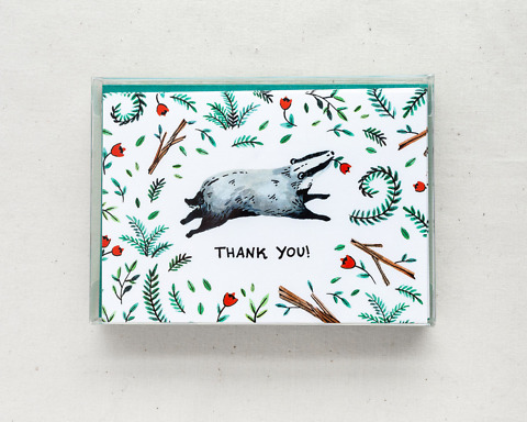boxed set of six thank you cards with a happy badger and woodland illustrations